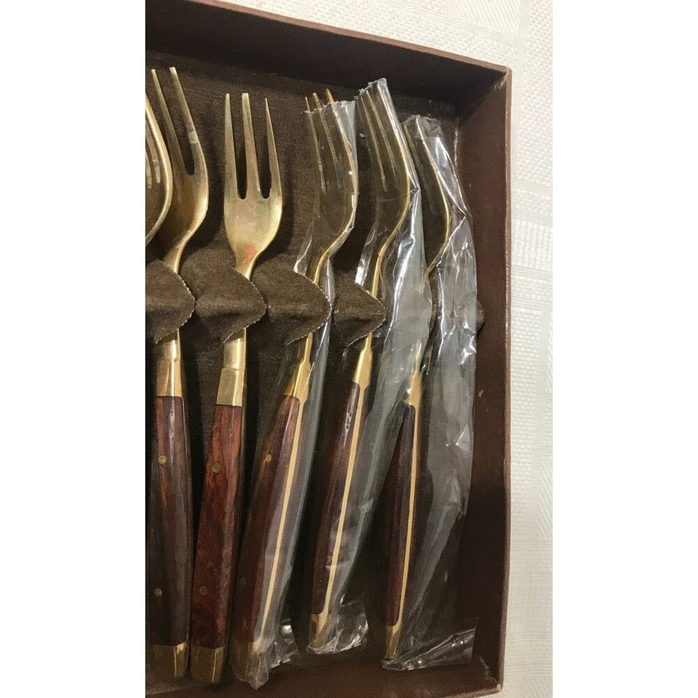 NEW! Williams Sonoma 6 Mini Forks 6 Mini Knives Knife Set Wood Handle Gold 5